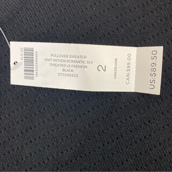 NWT Chico’s Sheer Romantic Sleeve Tie Knit Black Pullover Sweater Size 2/Large - Picture 9 of 9